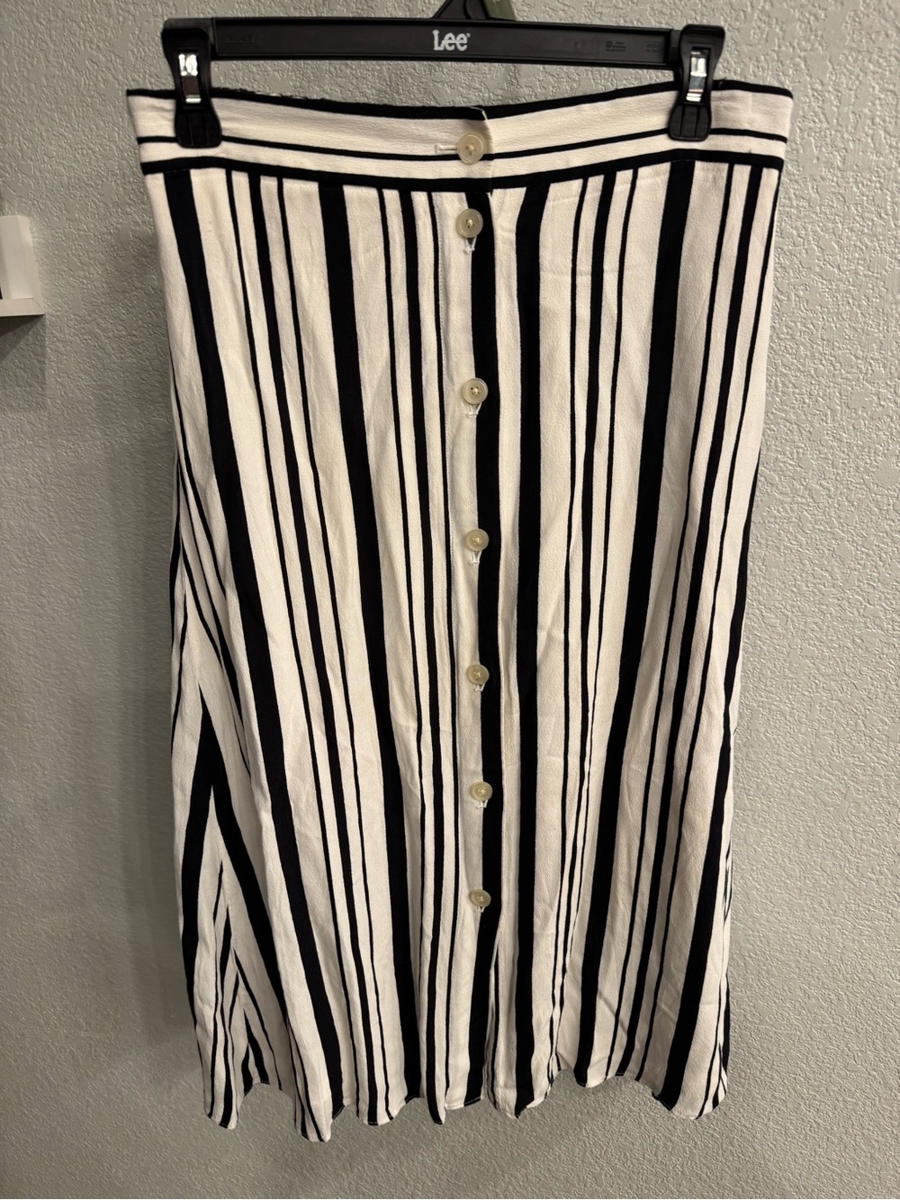 LOFT Black and White Vertical Stripe Button-Front Maxi Skirt
